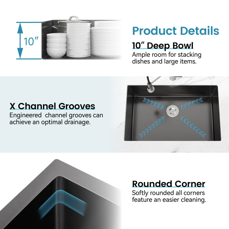 Stainless Steel Kitchen Sink, 27 X19 Single Bowl, Undermount Handmade Sink In Black, With Us Standard Drain And Hook