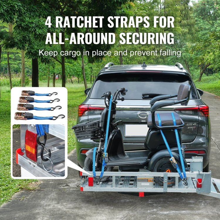 Hitch Mount Cargo Carrier, 45.3" X 25.6" Aluminum Hitch Cargo Rack With Folding Ramp, Hitch Rack Basket With Stabilizer And Straps, 500Lbs Mobility Scooter Carrier Fit 2" Hitch Receiver