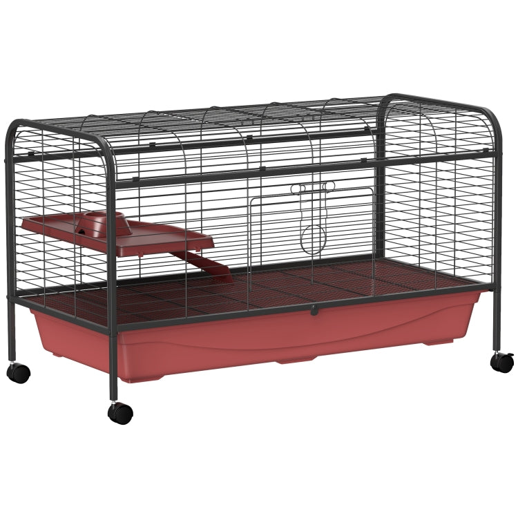 Pawhut 48" L Small Animal Cage, Rabbit Hutch, Or Ferret Pet Play House With Feeder, Rolling Wheels, Platform, Ramp