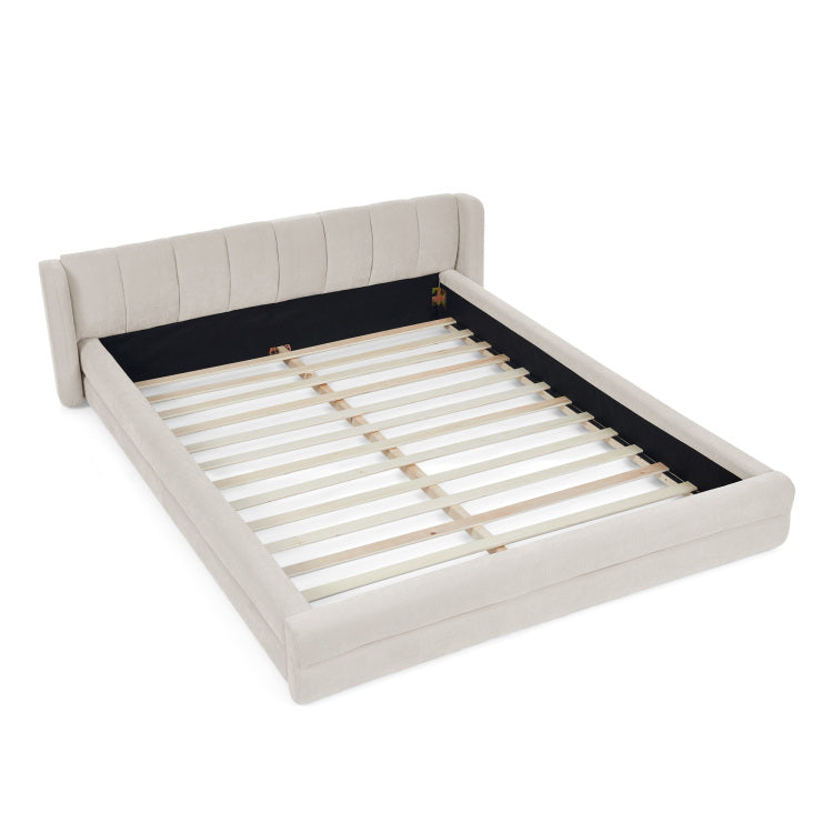 Queen Size Upholstered Bed Frame With Thick Fabric, Chenille Fabric Grounded Queen Size Platform Bed With Headboard And Solid Frame Beige 87''*67''*23.5''