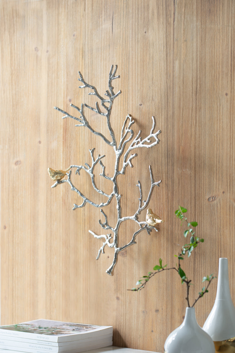 17X5.5X22" Metal Branch Wall Sculptures With Bird Accents, Set Of 2
