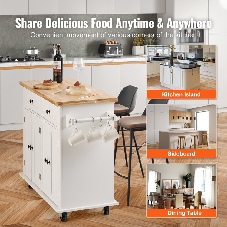 Kitchen Island Cart With Solid Wood Top, 35.4" Width Mobile Carts With Storage Cabinet, Rolling Kitchen Table With Spice Rack, Towel Rack, And Drawer, Portable Islands On Wheels, White