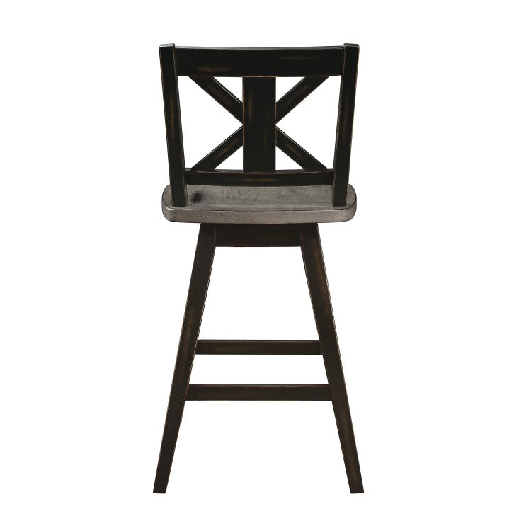 Farmhouse Swivel Counter Height Chair With X Shaped Back, Set Of 2, Antique Gray, Black