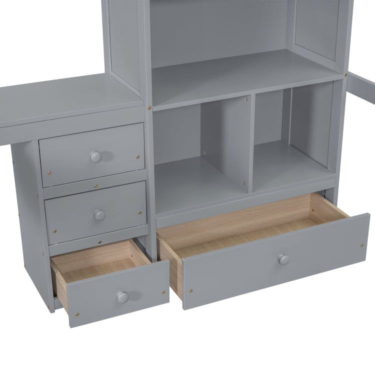 Full Size Loft Wood Bed With Desk, Storage Shelves And Drawers, Built In Ladder, High Loft Bed With Desk, Storage Shelves And Drawers,Guardrails,Grey