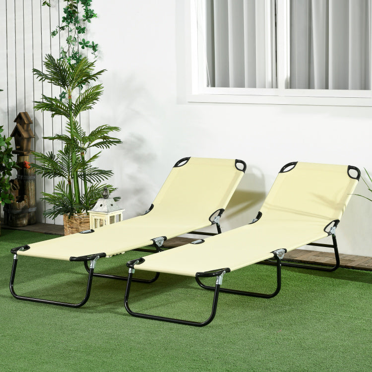 Outsunny 2 Piece Folding Chaise Lounge Pool Chairs, Outdoor Sun Tanning Chairs With 5 Level Reclining Back, Steel Frame For Beach, Yard, Patio, Beige
