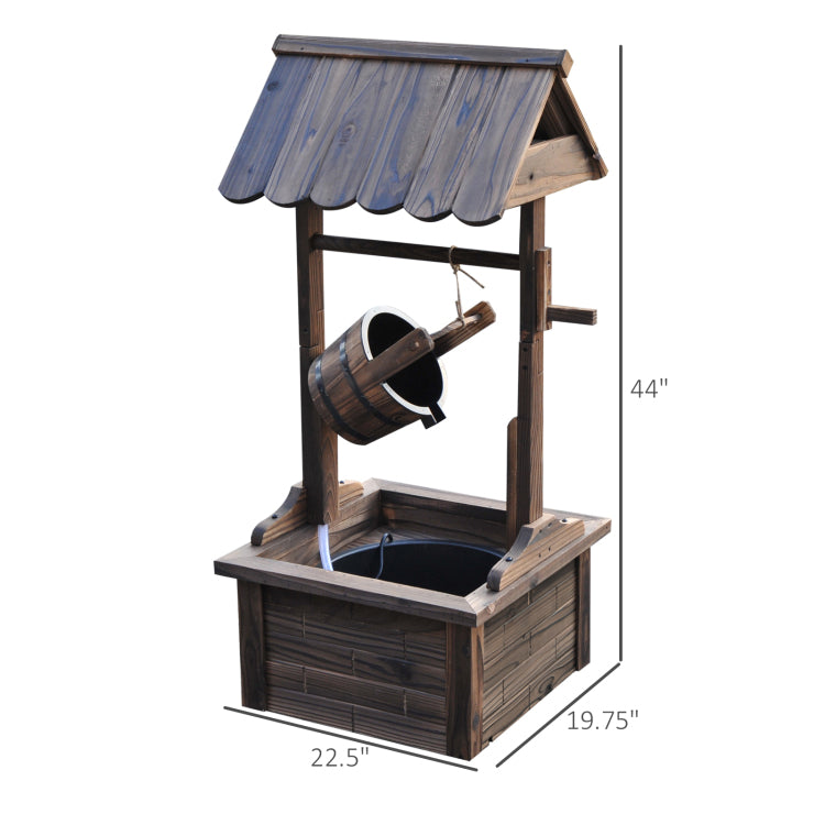 Outsunny Outdoor Wooden Wishing Well Fountain With Adjustable Water Flow Rate, Outdoor Rustic Waterfall Fountain With Electric Pump, Water Bucket, For Backyard Patio Garden Lawn, Carbonized Finish