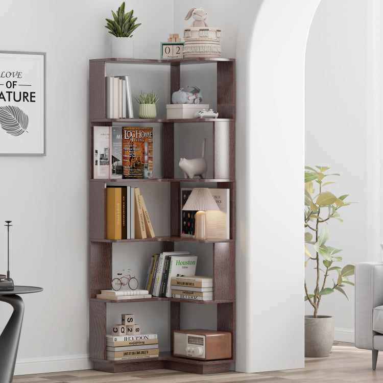 6 Tier Freestanding L Shaped Corner Bookshelf For Living Room, Bedroom, Wooden Bookcase With Anti Drop Panle And Anti Tipping Device, Display Shelf Open Storage Rack Organizer For Home Office Dark
