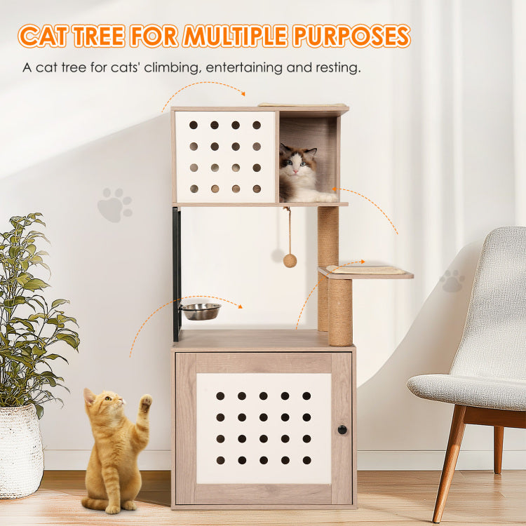 Cat Tree With Litter Box Enclosure, All In One Cat Tower For Indoor Cats With Large Hammock, Bed, Food Station, Scratching Posts, Modern Style Pet Furniture, Gray White