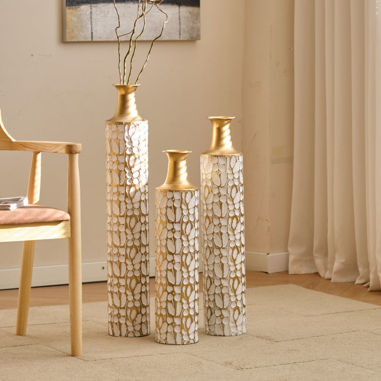 Decorative Metal Vases Set Of 3, 24 28 32.3 Inch Gold Leaf Pattern Floor Vases, White & Gold Tall Vases For Home Decor, Living Room Entryway Decor 5.31In Base Width