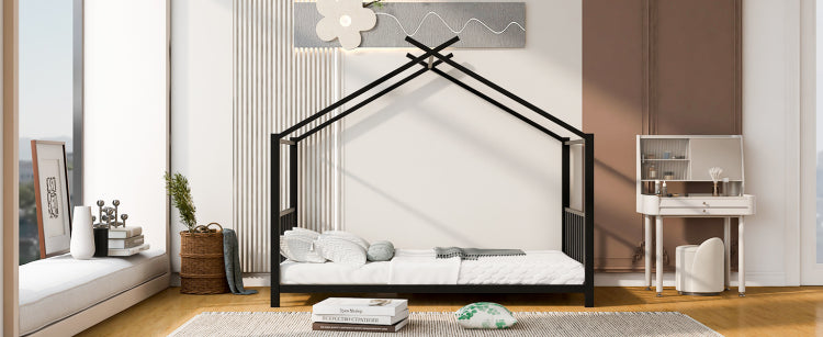 Twin Size Metal House Platform Bed, Black