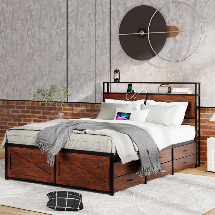 Queen Bed Frame With Storage Headboard And 12 Drawers Led Lights, Metal Platform Non Slip Without Noise Mattress Foundation Strong Metal Slats Support,No Box Spring Needed