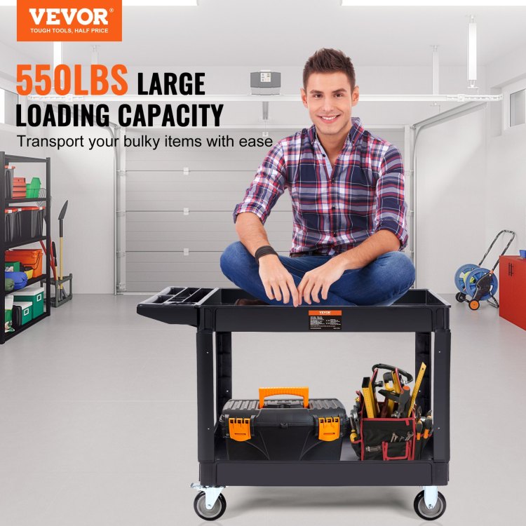 Utility Service Cart, 2 Shelf 550Lbs Heavy Duty Plastic Rolling Utility Cart With 360 Swivel Wheels 2 With Brakes , Large Lipped Shelf, Ergonomic Storage Handle For Warehouse Garage Cleaning