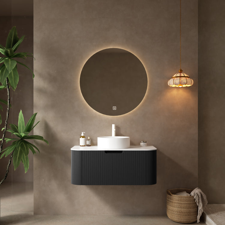 Dina 36" Bathroom Vanity With Sink, Modern Wall Mounted Floating Curved Edges Striped Bathroom Storage Cabinet With A Drawer, White Round Ceramic Basin Without Faucet, Pre Assembled, Black Color