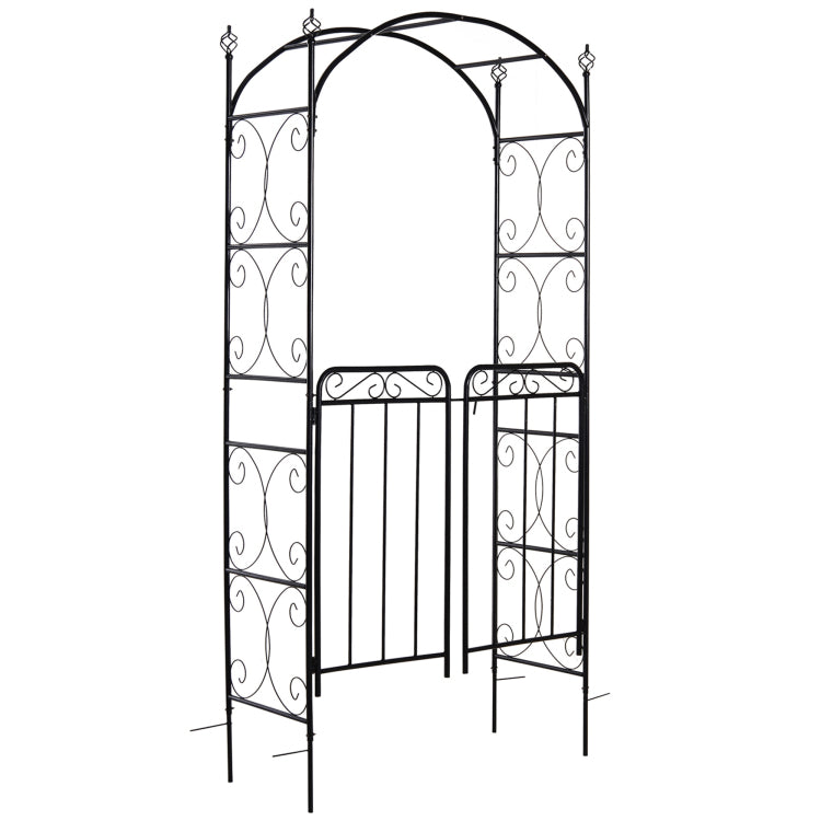 Outsunny 84" Garden Arch Arbor With Gate, Metal Arch Trellis, Garden Archway For Climbing Vines, Wedding Ceremony Decoration, Flourishes & Arrow Tips, Black