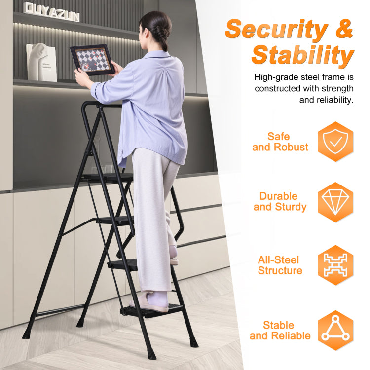 Four Step Ladder, Lightweight Folding Four Step Stool, Wide Anti Slip Pedal And Safety Handle, Sturdy Steel Ladder, Multi Purpose Step Ladder, Suitable For Home, Kitchen, And Office Elevators