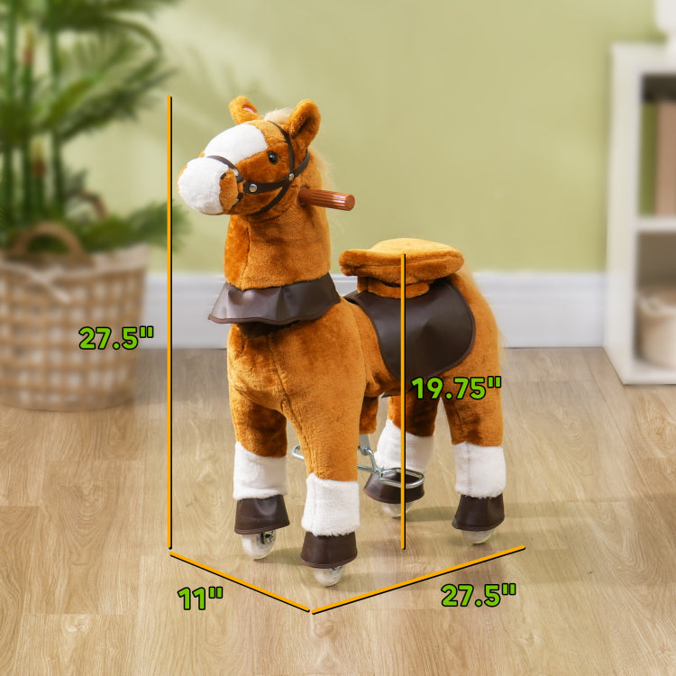 Qaba Ride On Horse, Walking Horse Toy, Kids Plush Riding Horse, Pony With Wheels & Neighing Sound For 3 5 Years Old Up To 132 Pounds, Brown