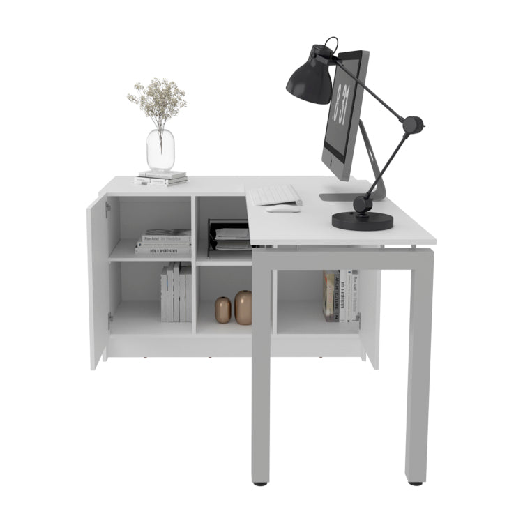 Alfie Rotable Desk 72 Inch Wide Or Compact, Adjustable Workstation In Two Directions With Storage Compartments, For Home Office Or Studio, White