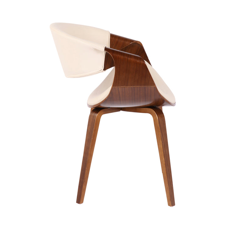 Mid Century Modern Dining Accent Chair In Walnut Wood And Cream Faux Leather