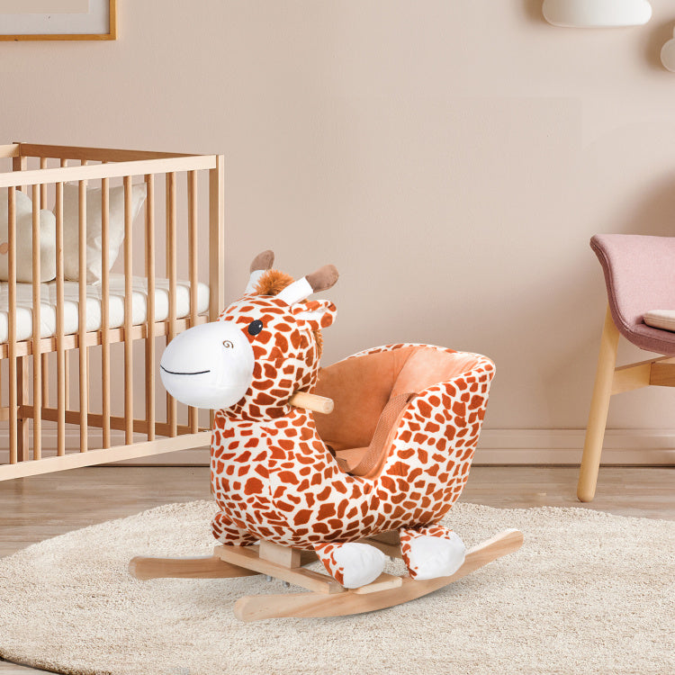 Qaba Kids Plush Rocking Horse Giraffe Style Themed Ride On Chair Toy With Sound Brown