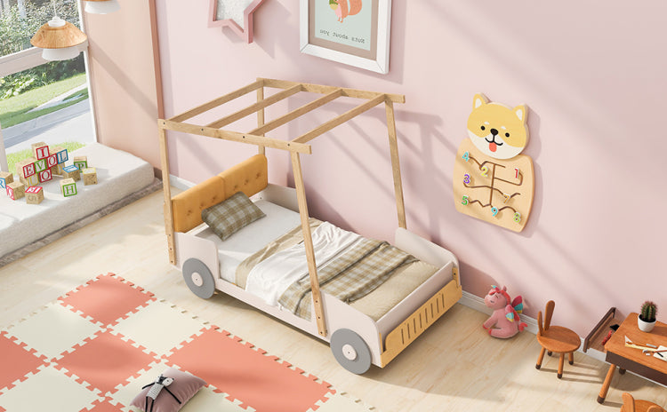 Wood Twin Size Car Bed With Pillow, Ceiling Cloth, Natural