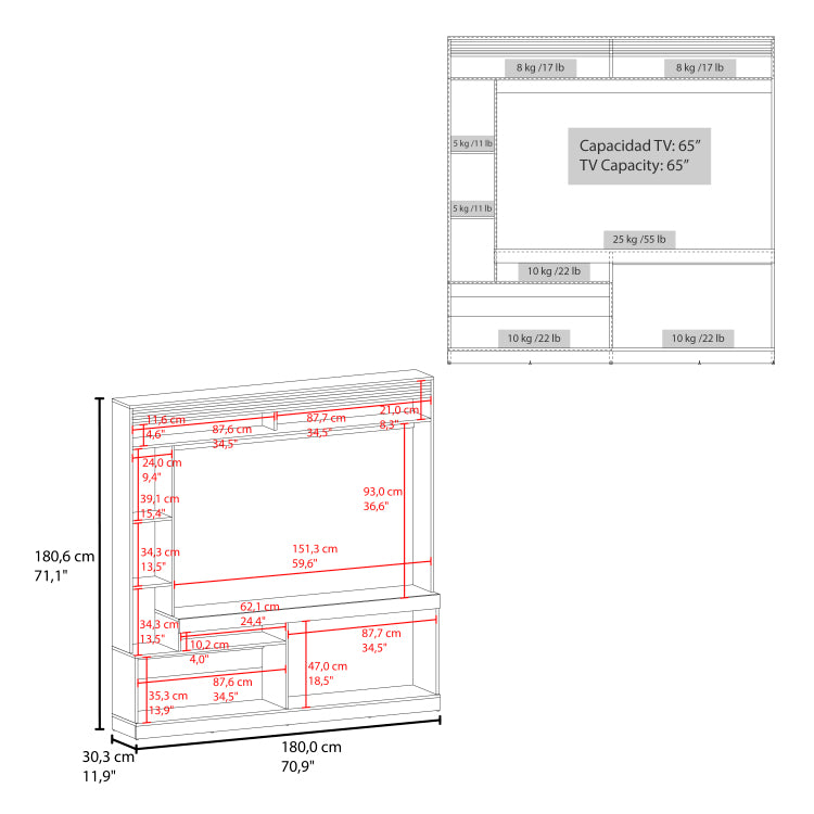Entertainment Center, 2 Doors, 7 Shelves, 65" Tv Capacity