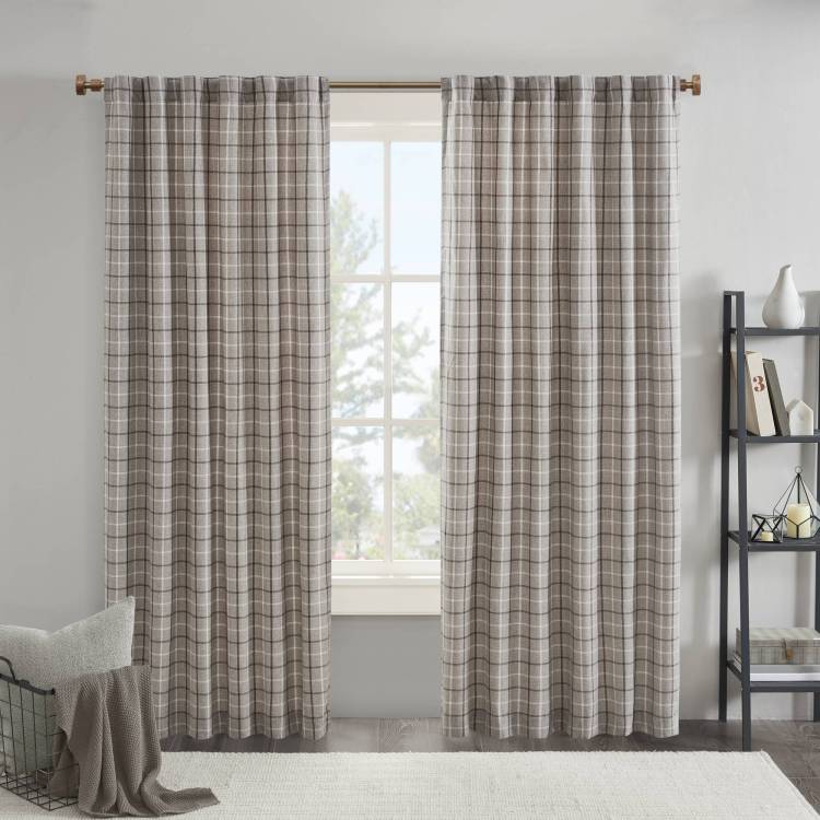 1 Piece 50X63" Plaid Rod Pocket And Back Tab Curtain Panel With Fleece Lining,Brown
