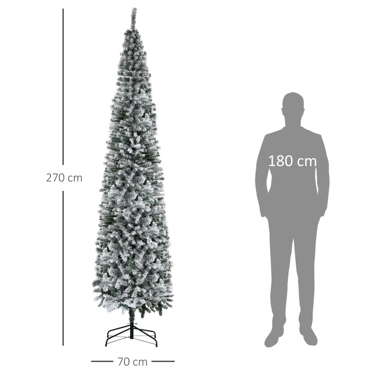 Homcom 9' Tall Unlit Snow Flocked Slim Artificial Christmas Tree With Realistic Branches And 1014 Tips
