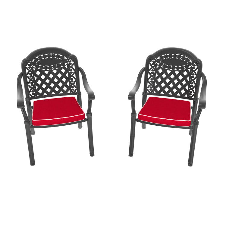 Cast Aluminum Patio Dining Chair 2Pcs With Black Frame And Red Cushions
