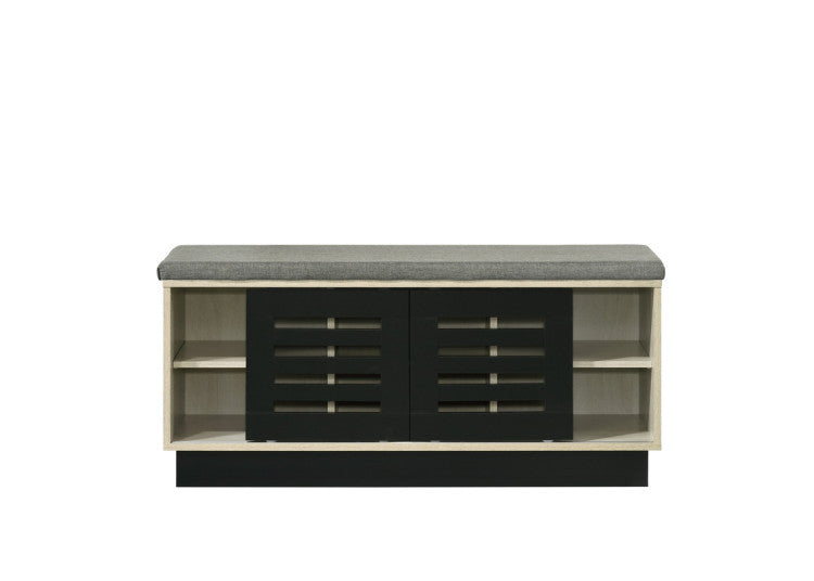 Brio 38.5"W Oak Finish Shoe Cabinet With Sliding Doors, Upholstered Top