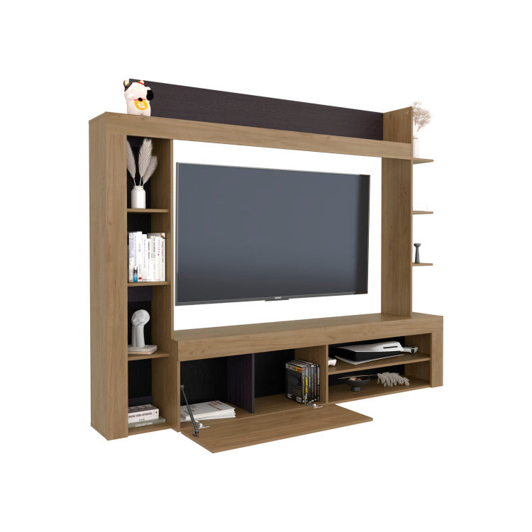 Cecil Entertainment Center And Tv Stand With Open Below Shelves And Storage Compartments With One Door, Natural Oak With Black