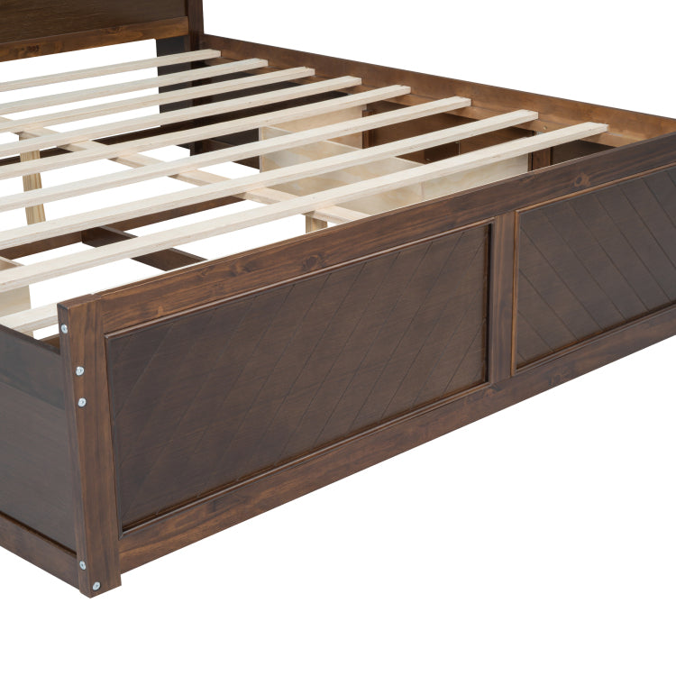 King Size Wood Platform Bed With Multi Storage Headboard, Usb And Drawers, Antique Wood Color