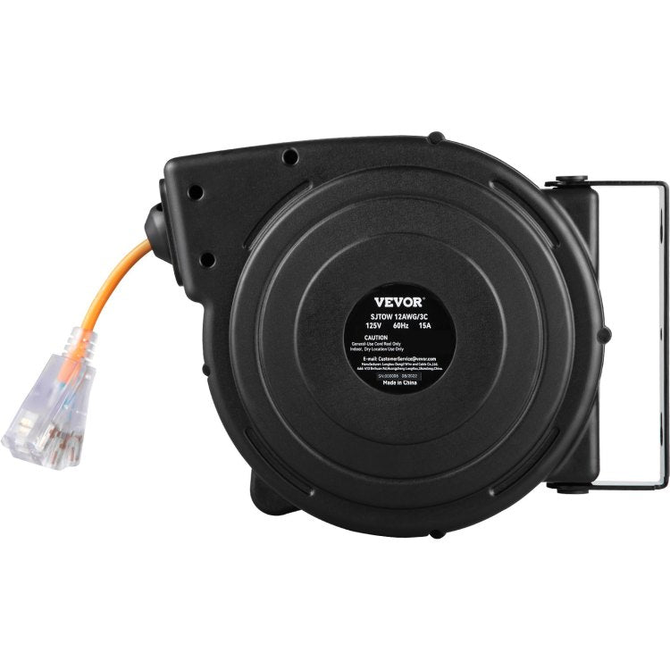 Retractable Extension Reel, Heavy Duty 12Awg 3C Sjtow Power Cord 45 Ft 12Awg, Black