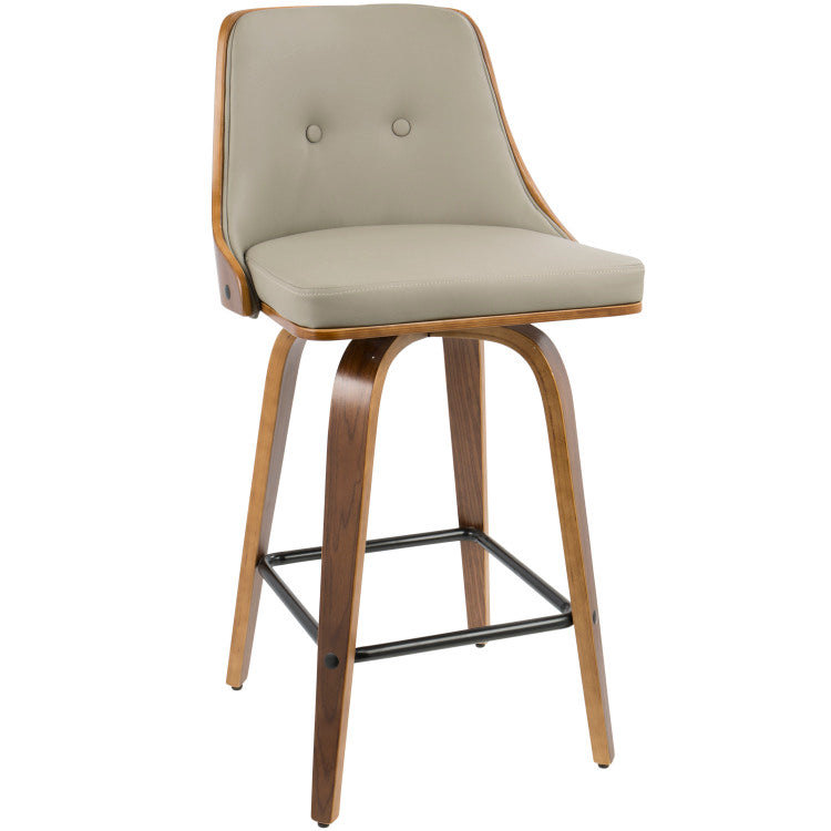26" Mid Century Modern Counter Stool In Walnut With Light Grey Faux Leather Set Of 2