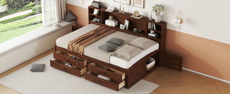 Full Size Wooden Captain Bed With Built In Storage Shelves, 4 Drawers And 2 Cabinets, Antique Brown