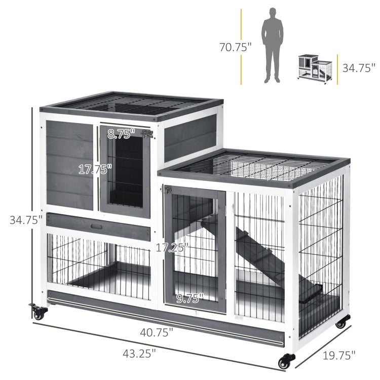 Pawhut Wooden Rabbit Hutch Elevated Bunny Cage Indoor Small Animal Habitat With Enclosed Run With Wheels, Ramp, Removable Tray Ideal For Guinea Pigs, Grey
