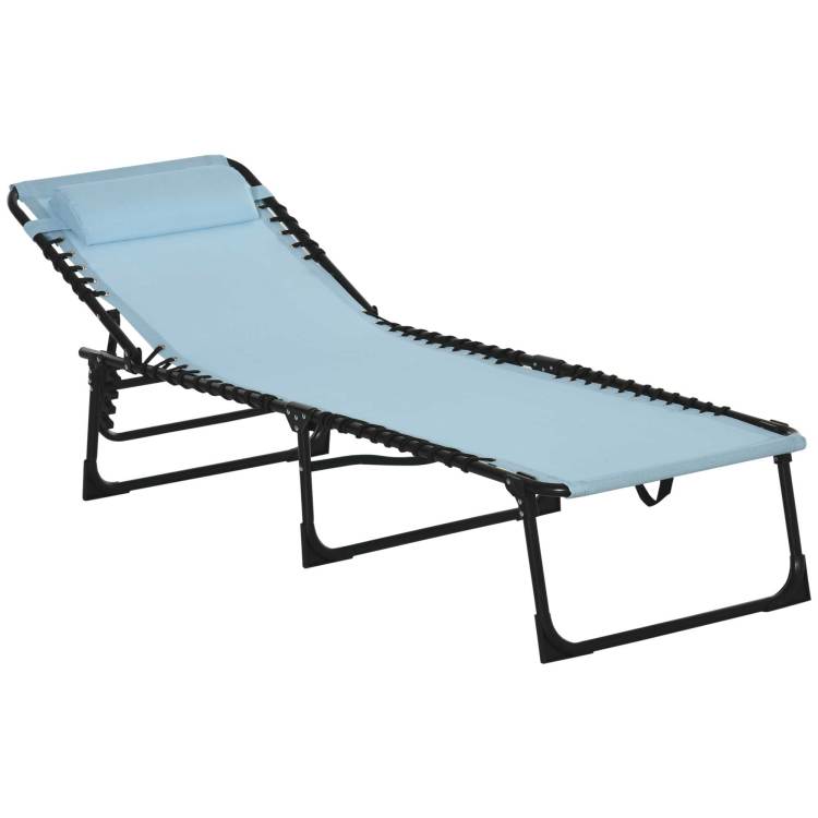 Outsunny Folding Chaise Lounge Pool Chair, Patio Sun Tanning Chair, Outdoor Lounge Chair W 4 Position Reclining Back, Pillow, Mesh & Bungee Seat For Beach, Yard, Patio, Baby Blue