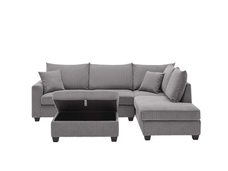 Rowan 107"W Dark Gray Corduroy Fabric Sectional Sofa With Right Facing Chaise, Usb & Usb C Charging Port, Storage Ottoman, And Pillows