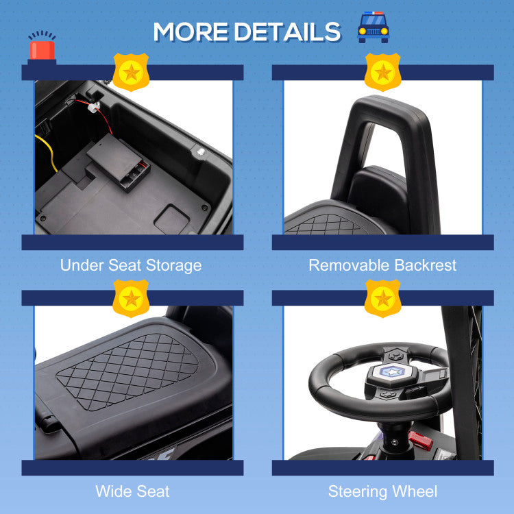 Aosom Kids Push Ride On Car With Working Pa System And Horn, Police Truck Style Foot To Floor Sliding Car For Boys And Girls With Under Seat Storage, For 18 Months To 5 Years Old, Black