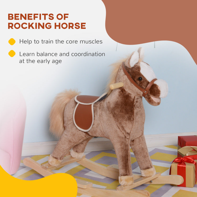 Qaba Kids Rocking Horse, Plush Toddler Rocker, Wooden Base Ride On Toy With Handle Grip, Traditional Toy For Kids 36M , Brown