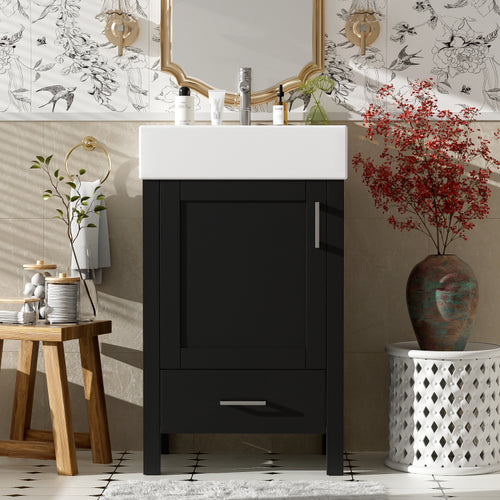 20.28'' Black Modern Bathroom Vanity With Ceramic Sink, Solid Wood Frame, And Drawer Ideal For Small Bathrooms