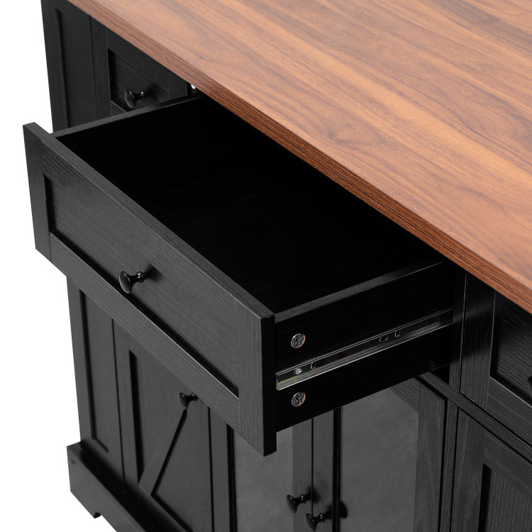 K&K 53'' Farmhouse Kitchen Island With Two Tempered Glass Cabinet Doors, Power Outlet, Rolling Kitchen Cart On Wheels With Drop Leaf, 5 Open Side Racks, 3 Drawers, For Kitchen, Dining Room, Black