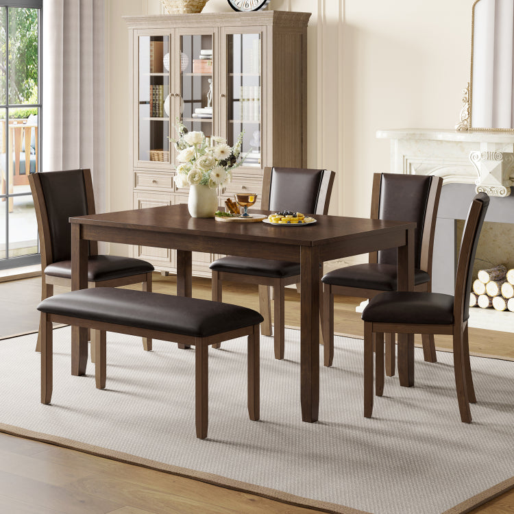 6 Piece Dining Table Set With Bench And Chairs, Wooden Dining Table Set For 6 People, Farmhouse Rustic Style 6 Person Dining Table Set For Dining Room, Kitchen, Dark Walnut