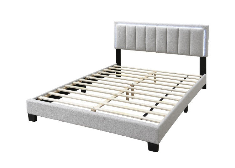 1Pc Full Size Bed Channel Tufting W Led Full Upholstered Light Gray Finish Bedroom Furniture