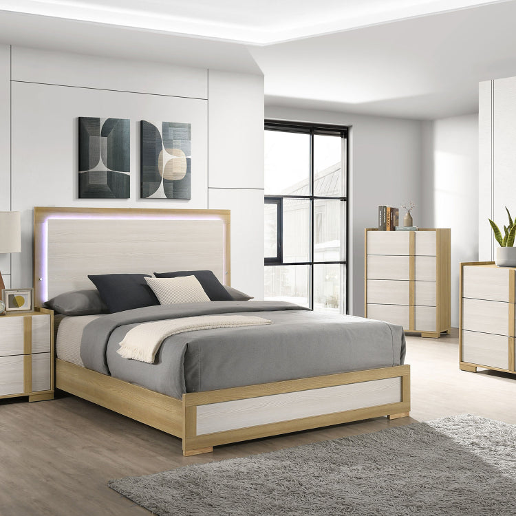 Lincoln Natural And White Wood Queen Led Panel Bed
