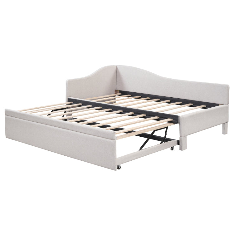 Twin Size Upholstered L Shaped Upholstered Daybed With Pop Up Trundle, Beige
