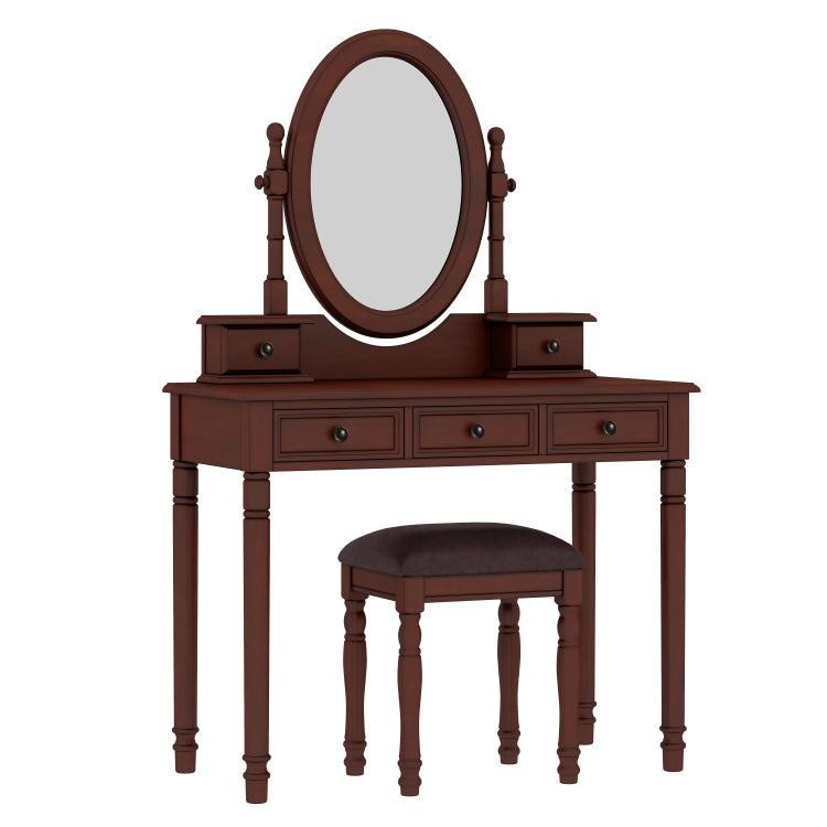 Vanity Desk With Adjustable Angle Mirror, Vintage Vanity Makeup Table And Cushioned Stool Set With Velvet Fabric Lining 5 Drawers,Wooden Dressing Table Set For Bedroom, Walnut