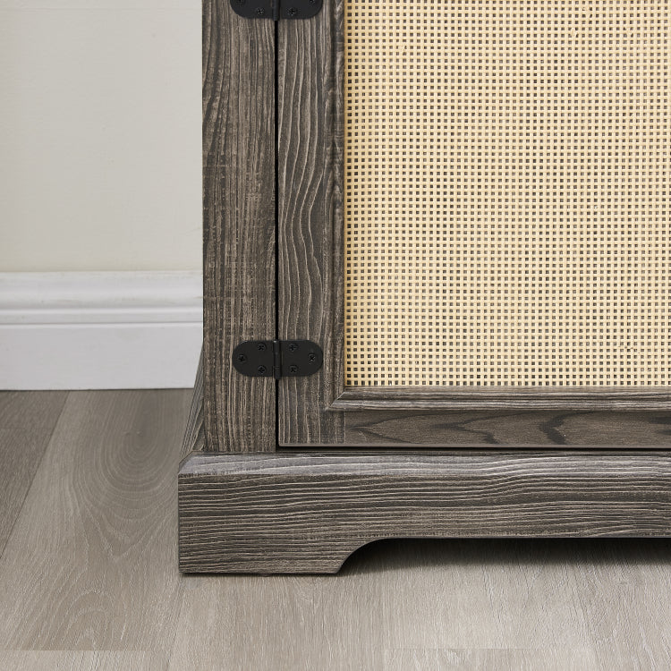 Farmhouse Rattan Tv Stand Console Table For Tvs Up To 70 Inches, Tv Console Table With 2 Storage Shelves, 2 Natural Rattan Door Cabinets, 65"W*15.55"D*23.86"H, Gray