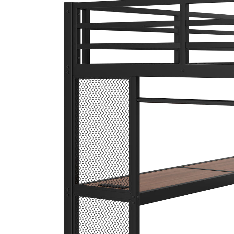 Full Loft Bed With Desk And Storage Stairs, Metal Loft Beds With Led Lights, Usb Ports, Multifunctional Iron Nets, No Spring Box Needed And Noise Free, Black
