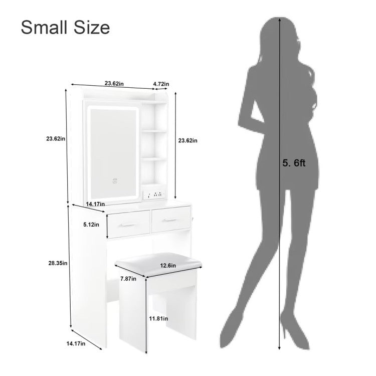 Small Makeup Vanity Desk With Mirror & Adjustable Led Lights,Built In Power Outlet & Hidden Storage, Includes Padded Stool & Shelf,Space Saving Dressing Table For Small Bedrooms,White
