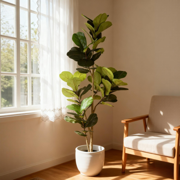 6Ft Artificial Fiddle Leaf Fig Tree With Black Plastic Pot, Real Touch Fake Indoor Plant For Home Office Living Room Corner Decoration, 1Pc Set